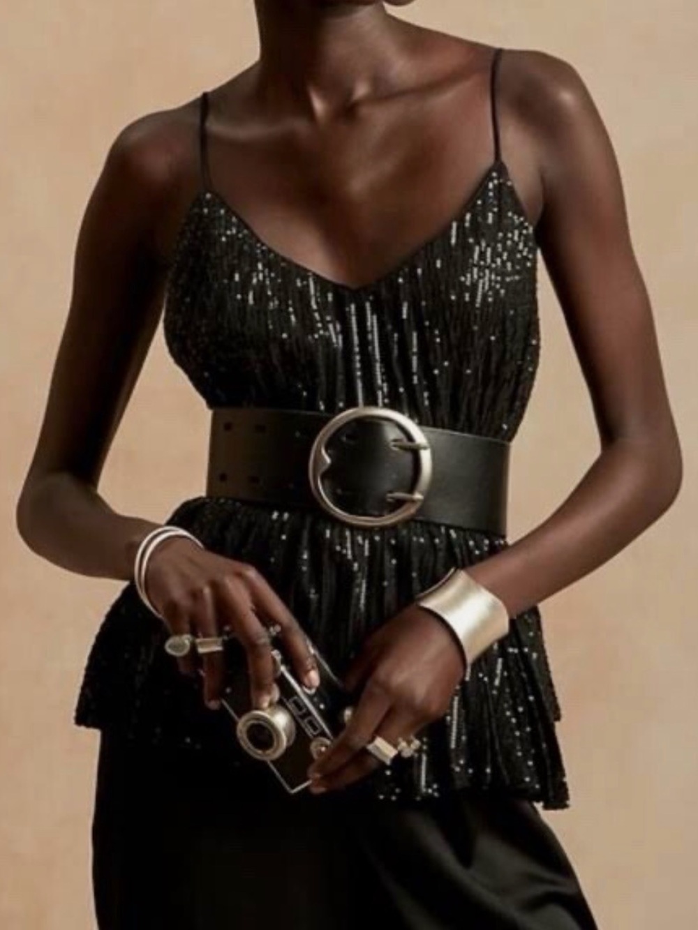 BANANA REPUBLIC BLACK SEQUIN PLEATED LINED CAMISOLE TANK M